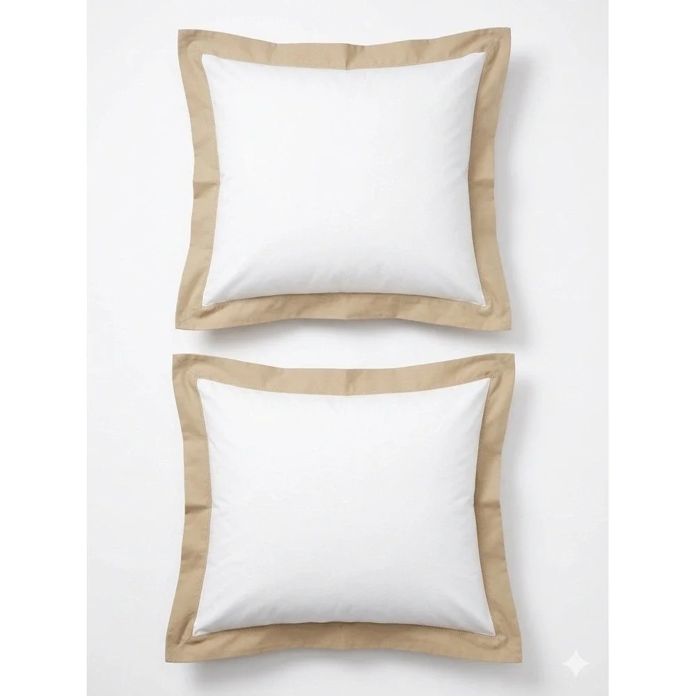 Hamburg House Egyptian Cotton Sateen Euro‎ Pillow Shams Cream Tan Border Set 2